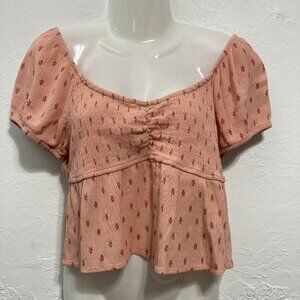 SO Goods for Life Pink Crop Shirred Top Short Sleeve Milkmaid Gauzy Babydoll M